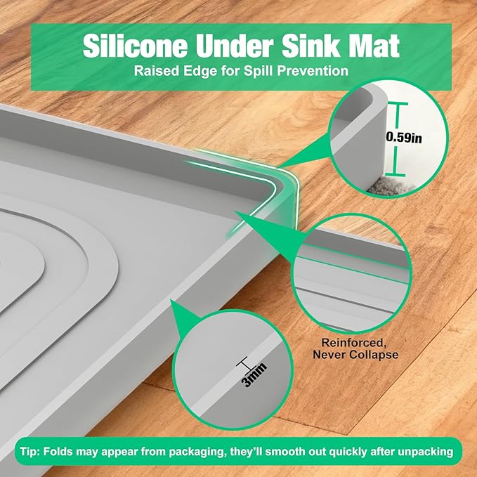 Aisslro Under Sink Mat 34" X 22", Waterproof Silicone Cabinet Organizer Protector with Raised Edge, Kitchen & Bathroom Leak Tray, Shelf Liner & Pet Feeding Mat for Dog Cat Food Mats, Gray