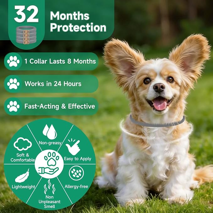 4 Pack Flea Collar for Dogs, 32 Months Flea and Tick Prevention for Dogs, Dog Flea and Tick Treatment, Adjustable Dog Flea Collars, Waterproof Dog Flea Treatment Collar, Flea Treatment for Dogs, Grey
