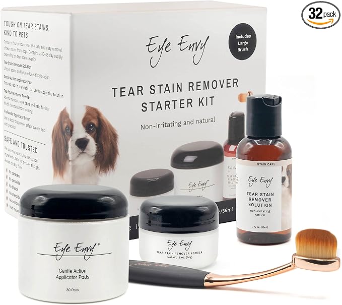 Eye Envy Dog Tear Stain Remover Starter Kit with ProPowder Brush | Stain Solution, Applicator Pads, Stain Powder and Large Applicator Brush | Lasts 30-45 Days