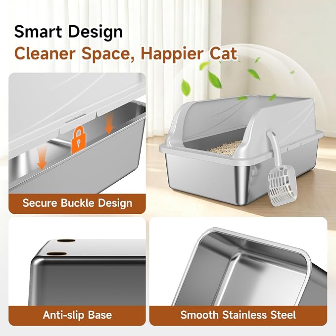 XL Stainless Steel Cat Litter Box with high Sides, Includes Scoop | Extra Large Litter box for Big Cats,Urine Leakage, Non-Stick, Durable,Easy to Clean