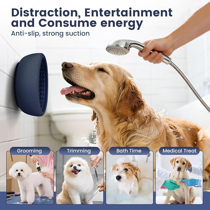 Dog Licking Bowl,Slow Feeder Dog Freeze Bowl, Anxiety Relief Treat Dispenser, Silicone Anti-chocking Pet Dish, Non-Slip Interactive Entertainment Puzzle Toy for Mediuml&Large -Dark Blue
