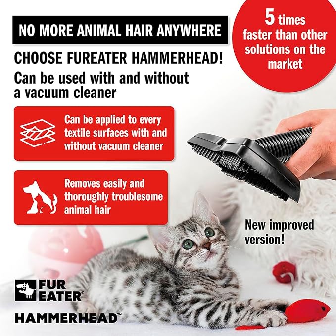 Hammerhead Pet Hair Remover Vacuum Attachment, Wide Rubber Brush for Dog & Cat Hair, Fits 1-1/4, 1-3/8 & 1-1/2 in Round Hoses, for Couch, Car, Carpet & Upholstery