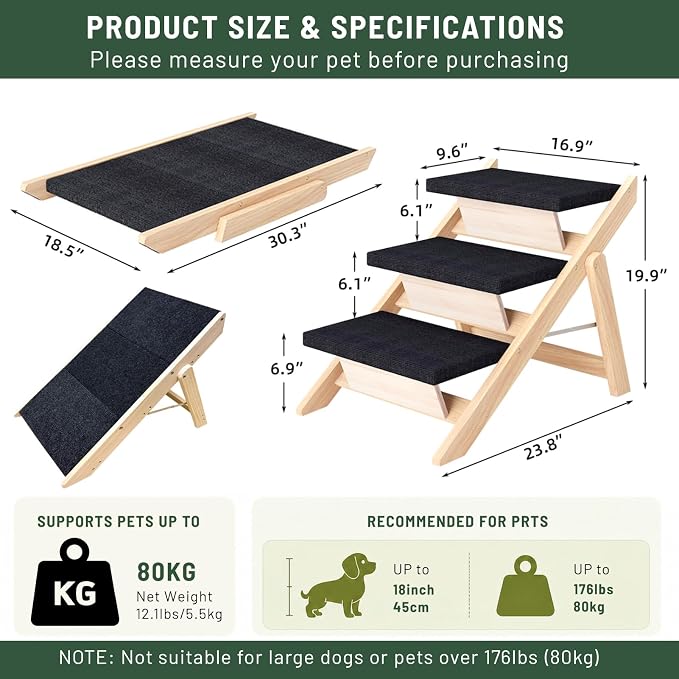 Dog Stairs/Ramp for Bed, Wooden 2-in-1 Foldable Pet Stairs & Ramp, Portable Dog Ladder Up to 180 Pound for Elderly/Short-Legged Dogs, 3 Steps for Beds, Couch, Cars