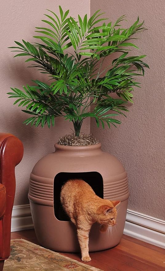 Good Pet Stuff Original Hidden Litter Box Planter, Decorative Cat Litter Enclosure, Carbon Filter, Faux Plant, Round Design, Easy To Clean, Base Kit, Palm Plant, Terracotta Brown