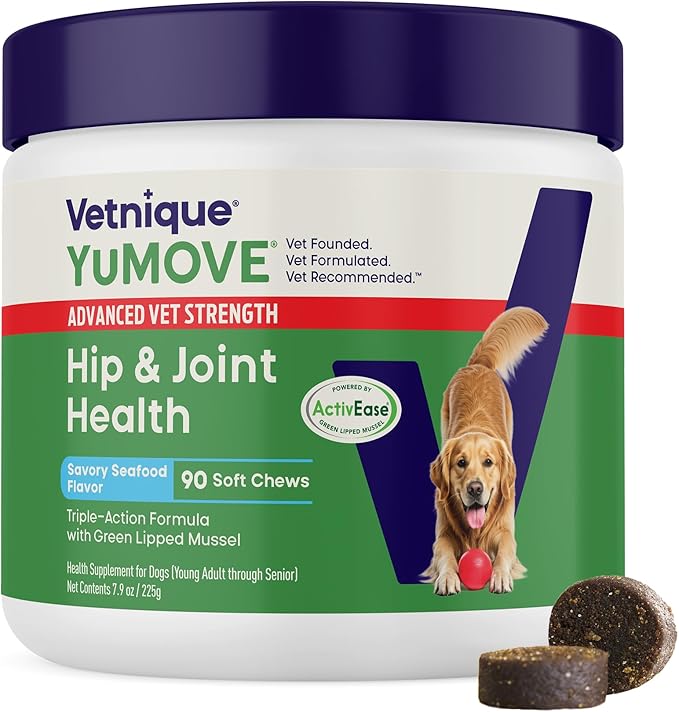 YuMOVE Advanced Vet Strength Hip & Joint Supplement for Dogs - ActivEase Green Lipped Mussel, Glucosamine, Hyaluronic Acid & Omega 3 for Serious Mobility Support (90ct Chews, Advanced Strength)