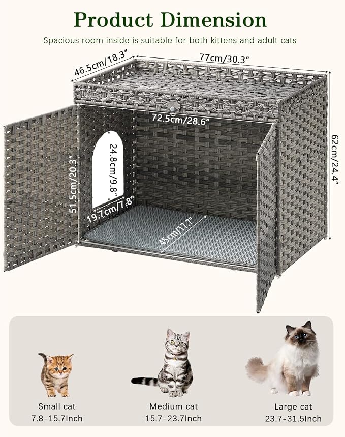 SETVSON Cat Litter Box Enclosure Furniture, Handwoven Rattan Hidden Litter Box with Mat, Large Space Cat House with 2 S-Shaped Hooks 30.3 x 18.3 x 24.4 Inches, Indoor for Living Room Apartment Gray