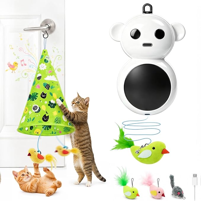 Interactive Cat Toys for Indoor Cats: 2 in 1 Automatic Hide and Seek Flying Bird Feather Wand Chirping Toy, Door Knob Moving Mouse Hunting Toys, Rechargeable Toys for Bored Kitten Adult Cats (Green)