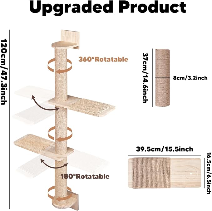 Wall Mounted Cat Tree 47inch, 3 Tier Wood Cat Tower with Natural Jute Rope, Cat Wall Shelves Wall-Mounted Scratching Post Adjustable Cat Tree Tower (3-Tier Cat Tree, Natural Sisal Color)