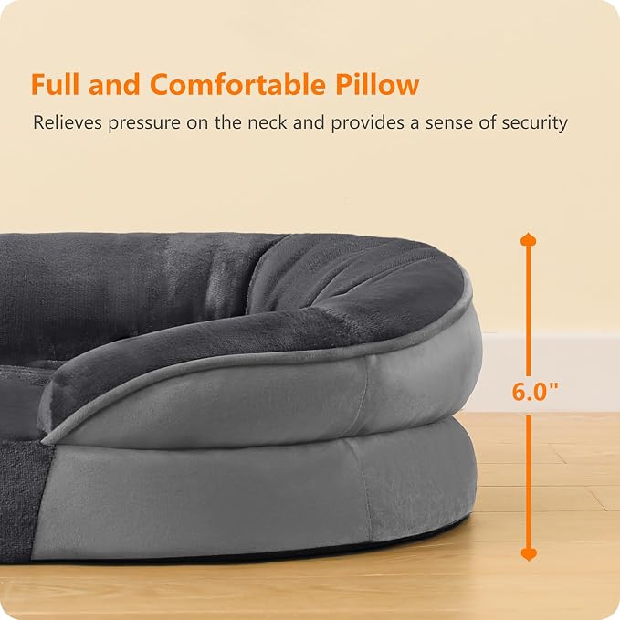 Dwanton Orthopedic Dog Bed for Large Dogs with Gel Memory Foam, Waterproof Dog Sofa, Washable Pet Bed with Four Sided Bolster Cushion, Removable Cover & Non-Slip Bottom, 38", Dark Grey