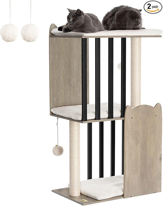 FourFurPets 43.8in 3-Tier Modern Cat Tree Tower Condo, Cat Scratch Posts for Indoor Cats, Big Plate, Two 19.7in Full Sisal Scratching Posts, Greige