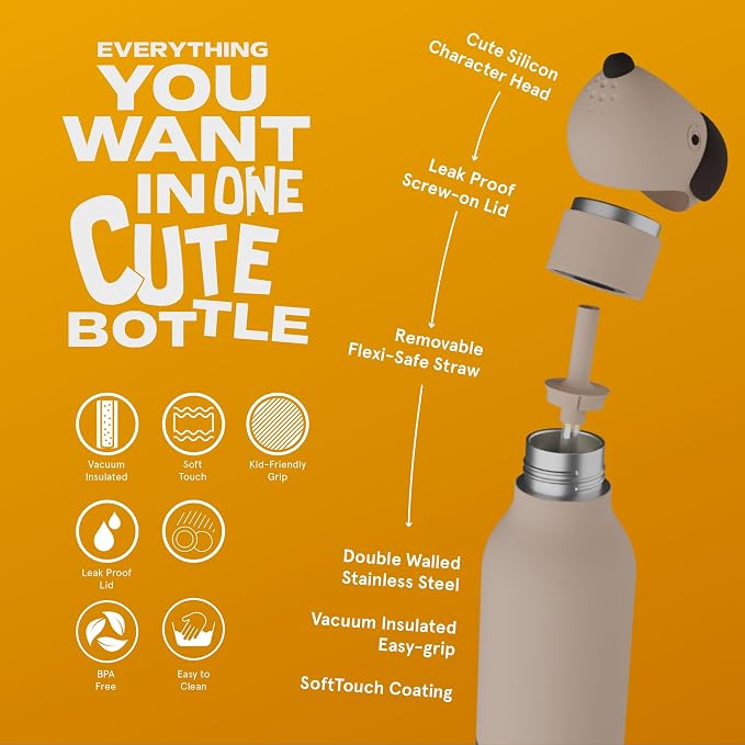 asobu Bestie Bottle Insulated Stainless Steel Water Bottle with Detachable Soft Animal Head Fun Drinking For Kids and Teens16 Ounce (Beige Dog)