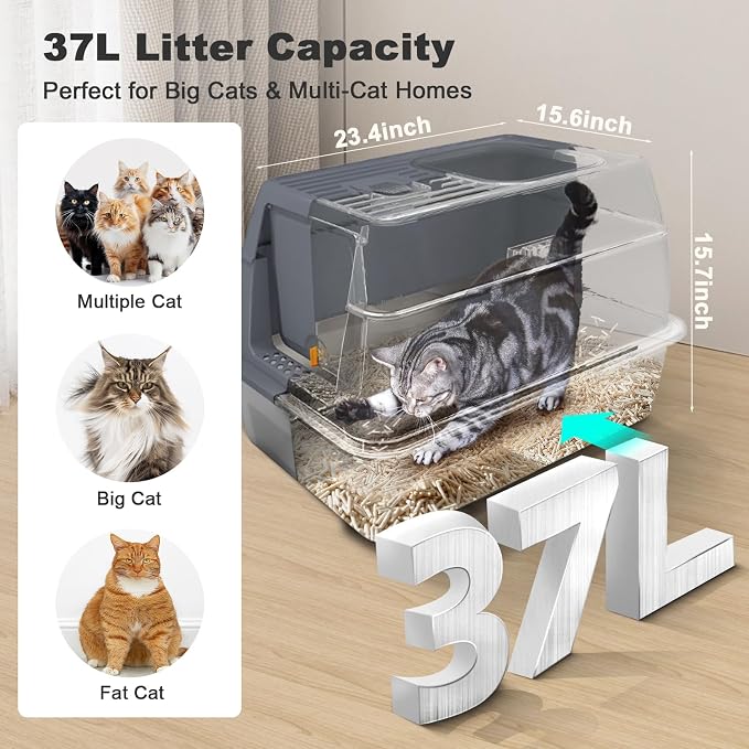 Stainless Steel Extra Large Covered Litter Box with High Sides Enclosed Lid for Big Tall Multiple Indoor Cat,Deep Metal,Jumbo Hooded,Low Entry Design for Dog Proof,Odor Control,Easy Clean,No Mess