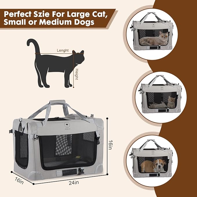 PEGIC Extra Large Cat Carrier for 2 Cats, Grey, X-Large | Portable Soft Sided, 24"×16"×16", Indoor and Outdoor Uses, For Car Traveling, Vest Visits