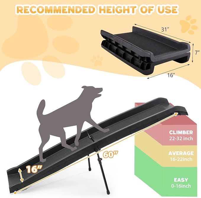 COZIWOW Folding Dog Ramps, 62”L Portable Pet Ramp for Large Dogs SUV,Cars,Lightweight Cat Ramp Non-Skid Surface Steps for High Bed,Stairs,Couch-Easy Storage(Black, 62" L)