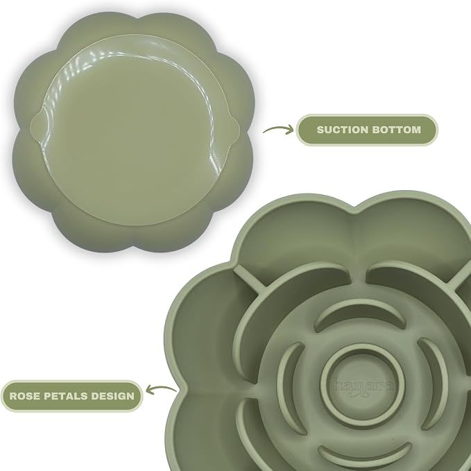 Hanara Sillicone Slow Feeder Dog Bowls & Lick Mat with Suction Bottom | Rose Petals Design | Promotes Better Digestion, Prevent Choking | Dish Washer Safe | Great Size for All Breed (Sage Green)