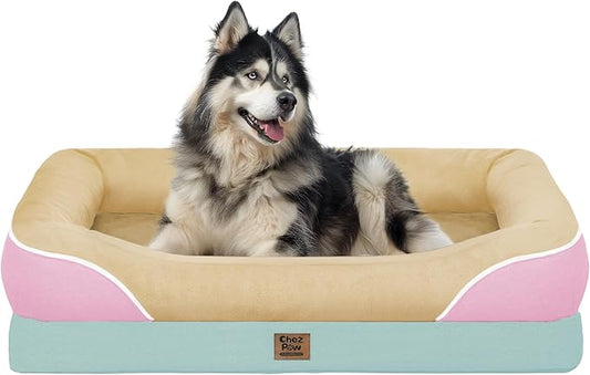 Chez Paw XXL Orthopedic Dog Bed for Extra Large Dogs, Extra Thick Egg-Crate Foam Waterproof Pet Couch with Removable Washable Cover, 4-Sided Bolster & Non-Slip Bottom, Ivory Pink 45"x35"x7.5"