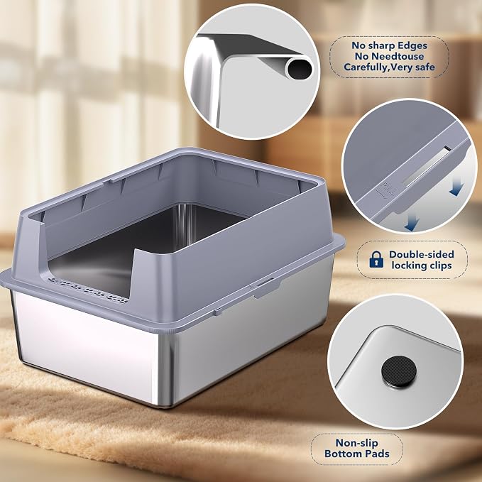 Stainless Steel Litter Box , 28"L*20"W*12"H XXL Extra Large Litter Boxes with lid ,Metal Litter Box with Hight Sides for Big Cats& Multiple Cats,Never Absorbs Odors, Anti-Urine Leakage, Easy Cleaning