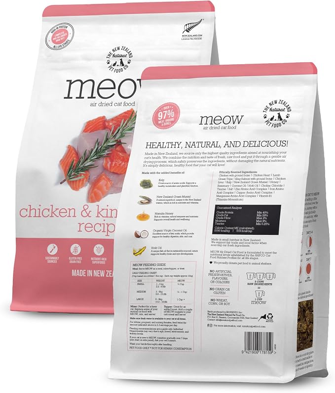 The New Zealand Natural Pet Food Co. Meow Air Dried Cat Food - Chicken & King Salmon Recipe, Dry Cat Food, High Protein Meals, Treats & Toppers,26.5 oz