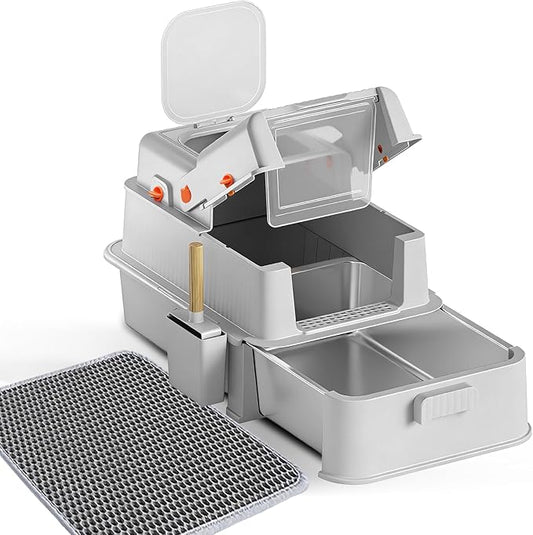Homegroove Enclosed Stainless Steel Cat Litter Box with Drawer, XL Large Metal Cat Box with Lid for Indoor Cats, Metal Covered Litter Pan with Litter Scoop& Pedal (Light Gray)