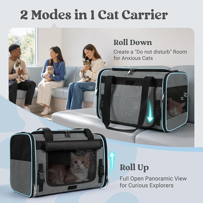 rabbitgoo Cat Carrier Soft, Pet Bag with Rollable Flap for Anxious Kittens, Travel Safe for Car Airline, Collapsible Portable Carrying for Medium to Large Cats, Grey, 19" L x 12" W x 12" H
