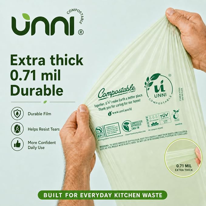 UNNI Compostable Trash Bags, 2.6 Gallon / 9.84 Liter, 100 Count, Extra Thick 0.71 Mil Small Kitchen Food Scrap Bin Liners, Certified by BPI, CMA & OK compost HOME, Meets the ASTM D6400 Standard