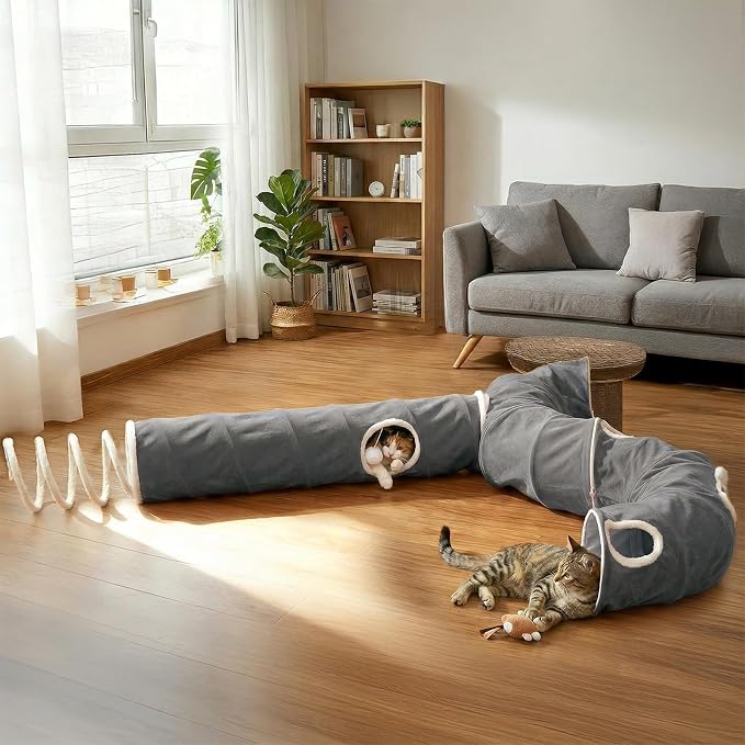 Ownpets 2-in-1 Cat Tunnel, Large Lollipop Shape Cat Tunnel Toy with Fluffy Balls, Spiral Toy, Plush Collapsible Cat Cave Hideout Donut Tunnel for Multi Kitten Puppy Rabbit (Grey)