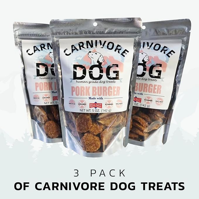 Carnivore Dog Treats, Human Grade, Hormone Free, Real Meat Made with Redmond Real Salt, No Additives - Healthy, Training Snacks or Treats for All Breeds, Pork Burger, Pack of 3