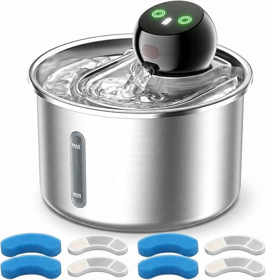 Cordless Cat Water Fountain 3L / 101oz, Stainless Steel Battery Operated Pet Fountain with 5000mAh Battery, Ultra Quiet, 3 Modes, 4 Filters, Helps Reduce Refills & Encourage Drinking