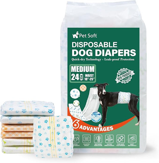 Pet Soft Disposable Dog Dipaers - Male Dog Wraps Wetness Indicator, Ultra Absorbent Puppy Diapers Male for Excitable Urination or Incontinence, 24pcs Medium