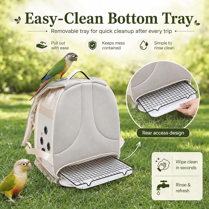 Bird Carrier Backpack for Small Medium Birds, Bird Travel Cage with Adjustable 2 Wooden Perches, Removable Tray, Feeder Cups Sunshade Cover,Bird Backpack for Parakeet Cockatiel Conure Quaker Lovebird