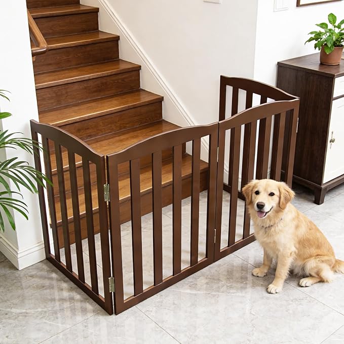 Freestanding Dog Gate Indoor,Doggie Gate Foldable Pet Gates for Doorways,Stairs or Hallways, Wooden Brown Pet Gate for the House, Pet Fence,32 "Height-2 Panels