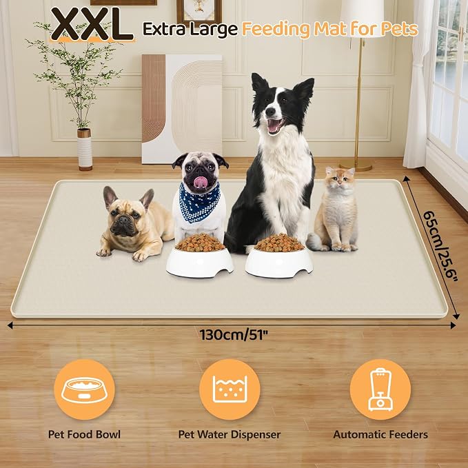 Dog Food Mat, Extra Large 51" x 25.6" Silicone Pet Feeding Mat with Raised Edge Pet Placemat for Small, Medium, and Large Pets Non-Slip, Easy to Clean (Beige)