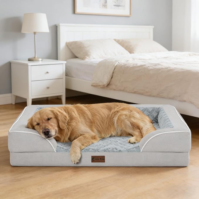 Orthopedic Dog Beds for Extra Large Sized Dogs 48x30 Inch, XL Waterproof Egg Crate Foam Dog Sofa Bed with Removable Washable Cover Big Pet Couch with Bolster & Non-Slip Bottom, Light Grey