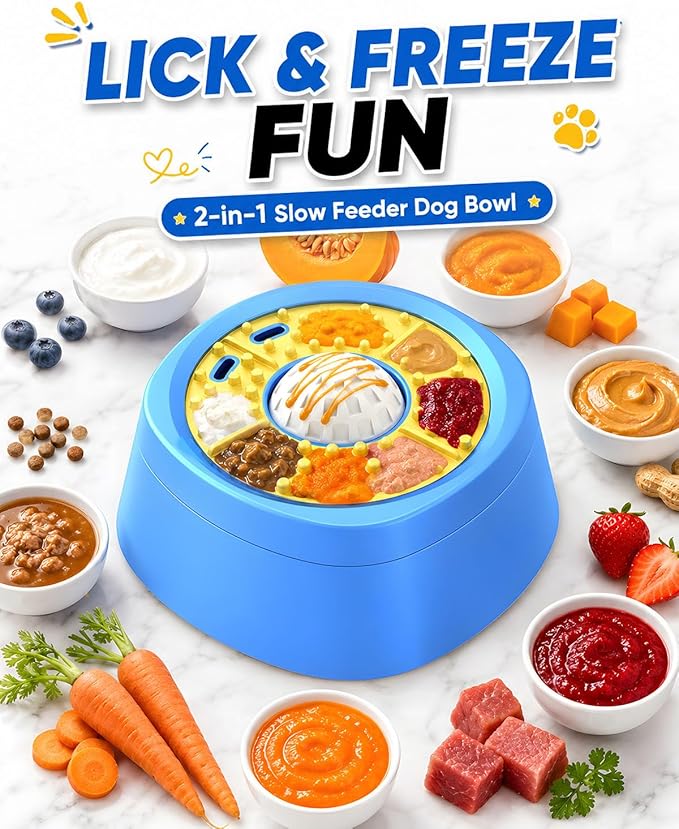 Interactive Slow Feeder Dog Bowl for Dogs & Cats: 2-in-1 Liquid Treat Enrichment Feeder with Rolling Lick Ball, Anti-Slip Suction Base for Yogurt, Bone Broth, Wet Food & Frozen Treats