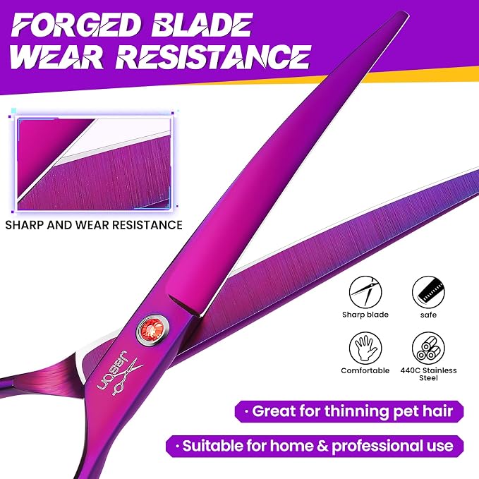 JASON 7" Dog Grooming Scissor - Professional Down-curved Shear with Ergonomic Handle Japanese Stainless Steel Trimming Scissor for Dogs, Cats and Other Pets, Sharp (Curved, Purple) Christmas Gift