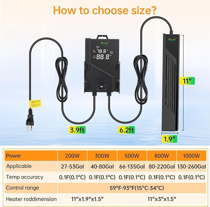 hygger Aquarium Heater with Intelligent Temperature Controller, 200W for 27-53 Gallon Submersible Fish Tank Heater with Leaving Water Automatically Stop Heating System, for Freshwater Saltwater
