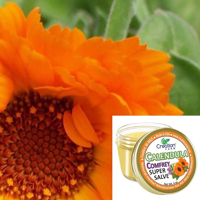 Calendula Comfrey Super Salve 8OZ- (2-4 oz Jars), by Creation Farm Balm Soothes Baby Bottoms, Hand Cream for Dry Cracked skin, Tattoos and Beards Grown and Made in USA from Real Herbs