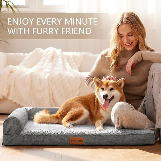Patas Lague Orthopedic Dog Bed Medium Size Dog 30''X20'', Waterproof L Bolster Medium Pet Sofa Beds with Removable Washable Cover, Soft Pet Couch Crate Mat with Nonskid Bottom, Grey
