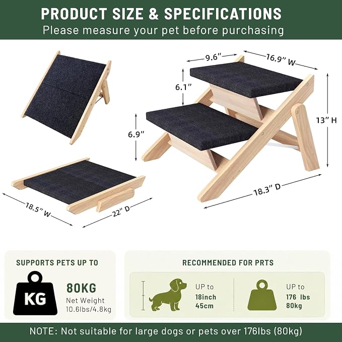 Dog Stairs/Ramp for Bed, Wooden 2-in-1 Foldable Pet Stairs & Ramp, Portable Dog Step Up to 180 Pound for Elderly/Short-Legged Dogs, 2 Steps for Beds, Couch