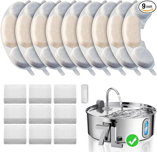 Smartoo Official 9 Packs Dog Water Filter Replacement and 9 Sponges with 1 Pump Holder for 7L/236oz/1.8Gal Stainless Steel Dog Water Fountain