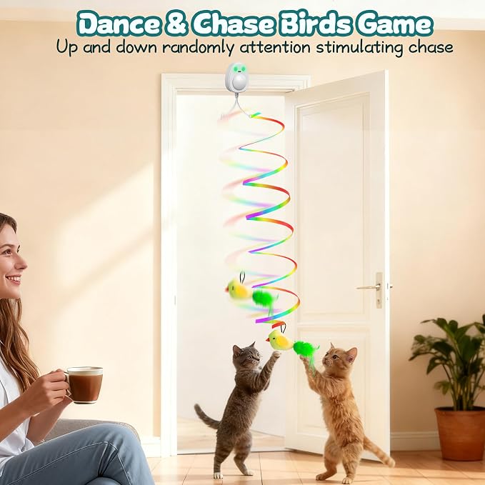 Interactive Cat Toys for Indoor Cats,Electric Flying Bird & Mouse Wand Teaser, Automatic Hanging Door Frame Chase/Hunt/Exercise Stimulate String Cat Toy for Bored Indoor Adult & Kitten