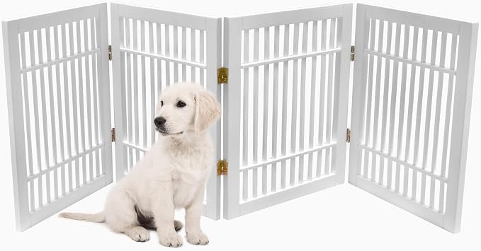 Urnporium Pet Dog Gate Freestanding, Strong Durable Folding Wooden Fence, Portable Acacia Hardwood Safety Barrier for Indoor & Outdoor Use (White Pet Gate, 4 Panel 24" Tall)