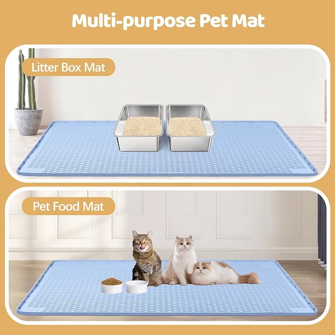 Cat Litter Mat, XXL Extra Large 50" x 35" Silicone Mat Litter Trapping Mat for Scatter Control, Soft on Kitty Paws, Easy to Clean (Blue)