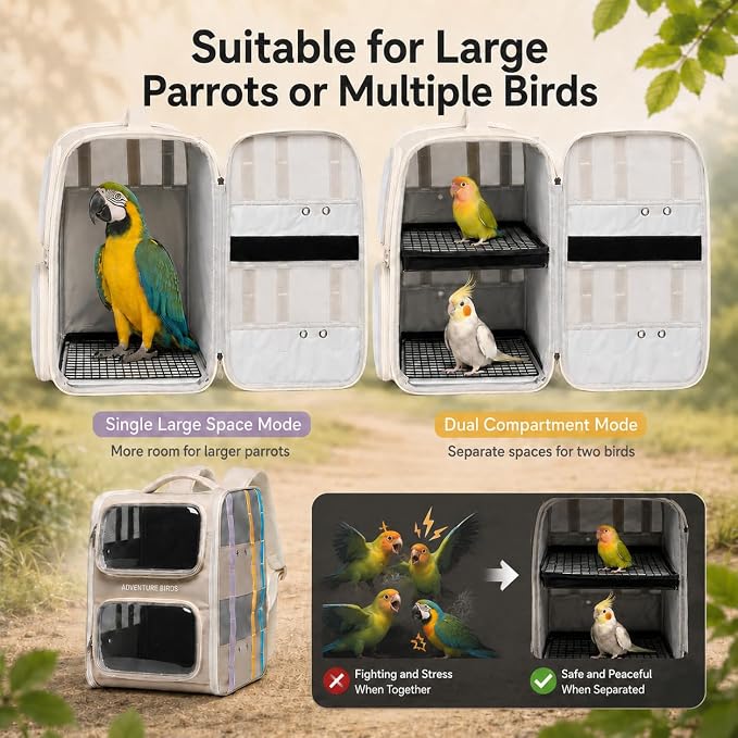 Bird Backpack Carrier for Parrots, Double Layer Bird Travel Cage with Removable Mesh Tray & Perch, Portable Ventilated for Multiple Small Birds Parakeet Cockatiel Conure