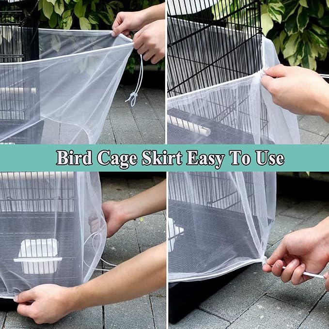 ASOCEA Bird Cage Seed Cather with Pet Bird Parrot Colorful Cotton Rope, Universal Adjustable Birdcage Cover Skirt Nylon Mesh Netting Parrot Parakeet Macaw African Round Square Cages Cover