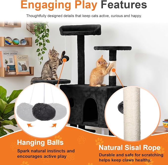 FDW | 70" Cat Tree Tower | Dark Gray | Multi-Level Indoor Activity Center with Sisal Scratching Posts, Condos, Plush Perches, Hanging Cat Toys | Sturdy, Easy to Assemble | for Kittens & Adult Cats