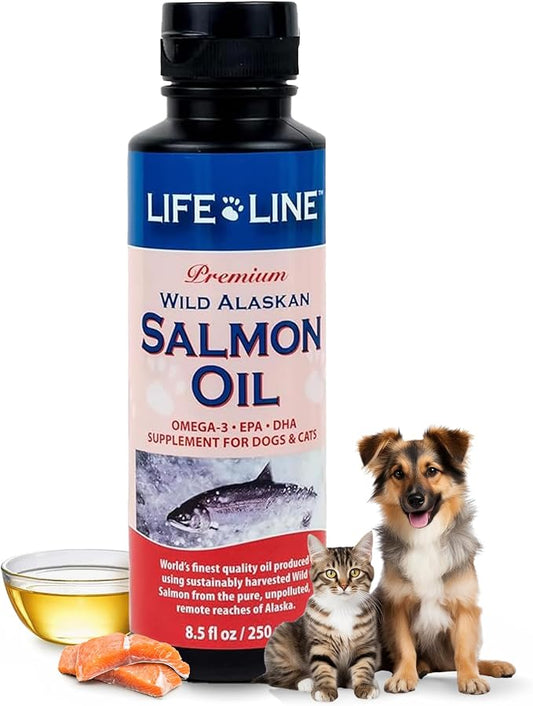 Life Line Wild Alaskan Salmon Oil for Dogs & Cats | Omega-3 Fish Oil with DHA & EPA | Skin & Coat Support | Brain, Heart & Eye Health – 8.5 oz