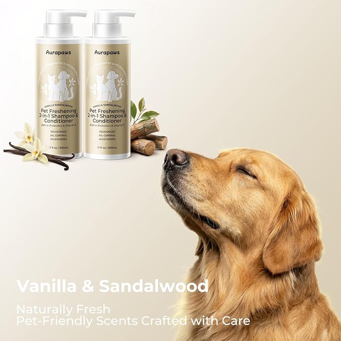 Probiotic Dog Shampoo and Conditioner Set for Sensitive Skin, Itchy Skin Relief, Deodorizing Dog Shampoo, Smelly & Moisturizes for All Breeds & Puppies, Vanilla Sandalwood, 17 oz(Pack of 2)