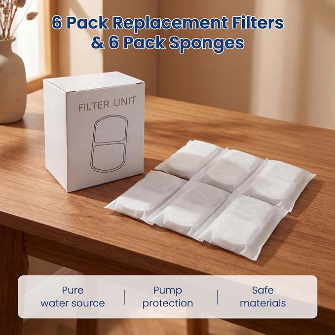 Cat Water Fountain Filter, 6 Pack Replacement Filters & 6 Pack Sponges for 74oz/2.2L & 135oz/4L Stainless Steel Cat Fountain, Pet Water Dispenser Filter