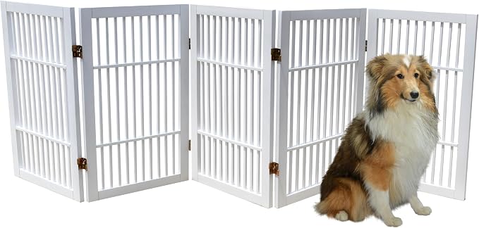 Urnporium Pet Dog Gate Freestanding, Strong Durable Folding Wooden Fence, Portable Acacia Hardwood Safety Barrier for Indoor & Outdoor Use (White Pet Gate, 5 Panel 30" Tall)
